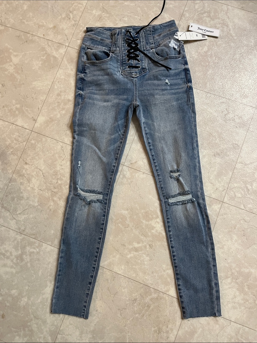 NEW Juicy Couture Lace-Up Distressed Skinny Jeans - Medium Blue 26